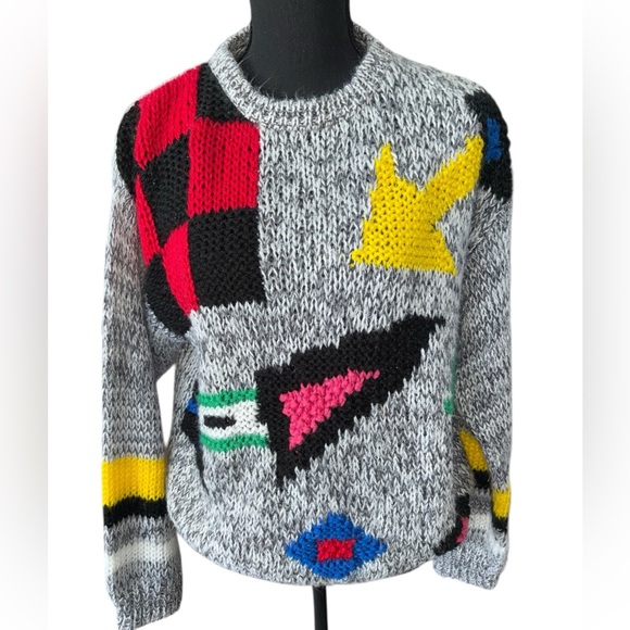 VINTAGE 80s funky geometric multicolor‎ hand knit L - Picture 3 of 6